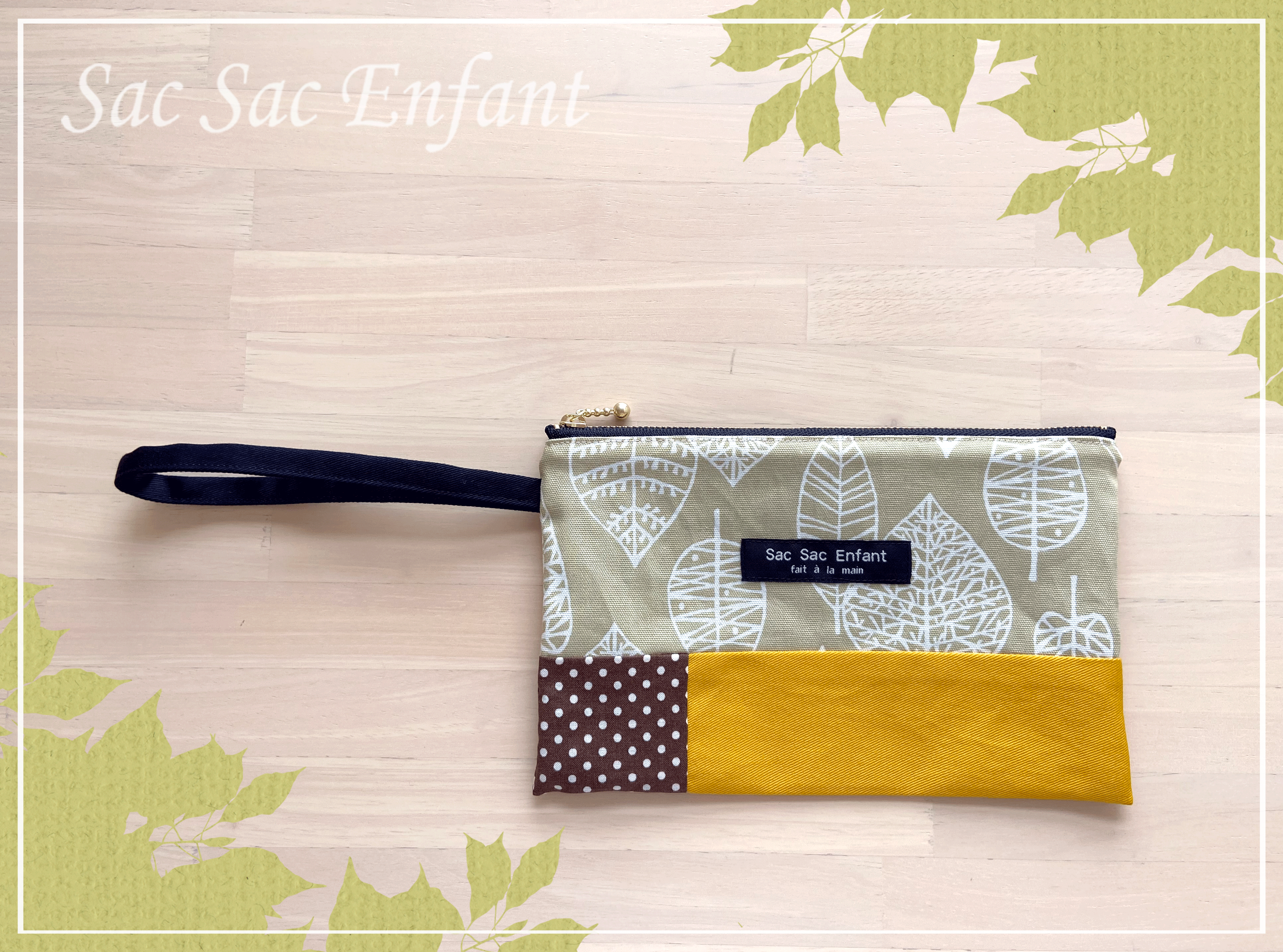 送料無料 ストラップつきポーチ Feuilles フェイユ 葉っぱパッチワーク Iichi ハンドメイド クラフト作品 手仕事品の通販