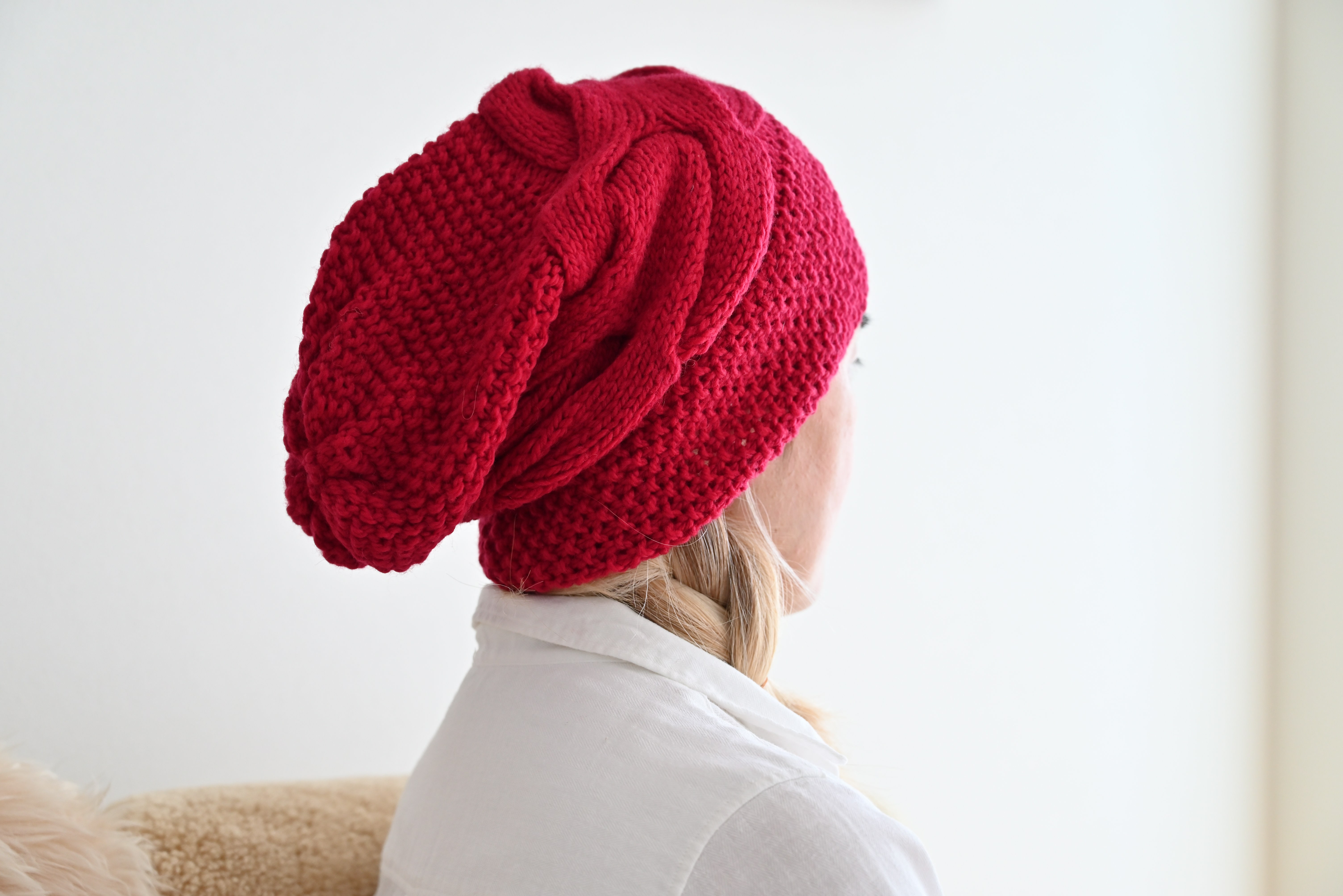 手編み ウール ニットキャップ ニット帽 アラン模様 レッド 赤 | iichi ハンドメイド・クラフト作品・手仕事品の通販