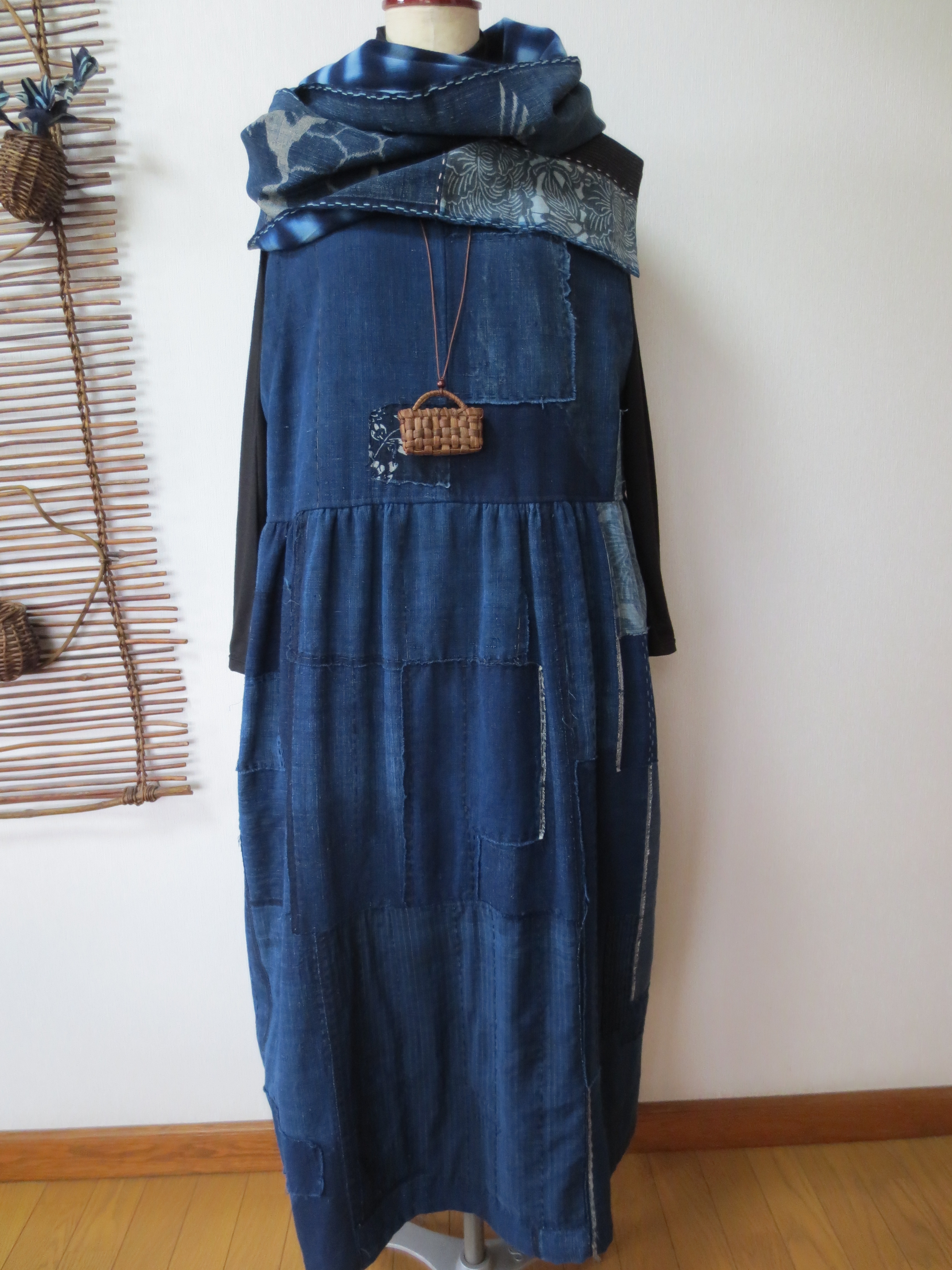 手織り 藍染木綿 刺し子 古布 襤褸 ハンドメイド スカート