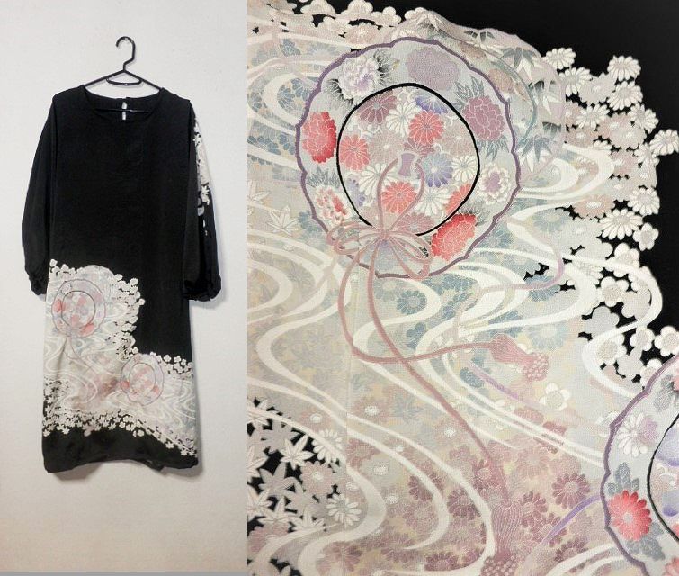 留袖リメイク 鏡裏草花模様素敵な留袖ワンピース ハンドメイド シルク 鏡裏模様 Iichi ハンドメイド クラフト作品 手仕事品の通販