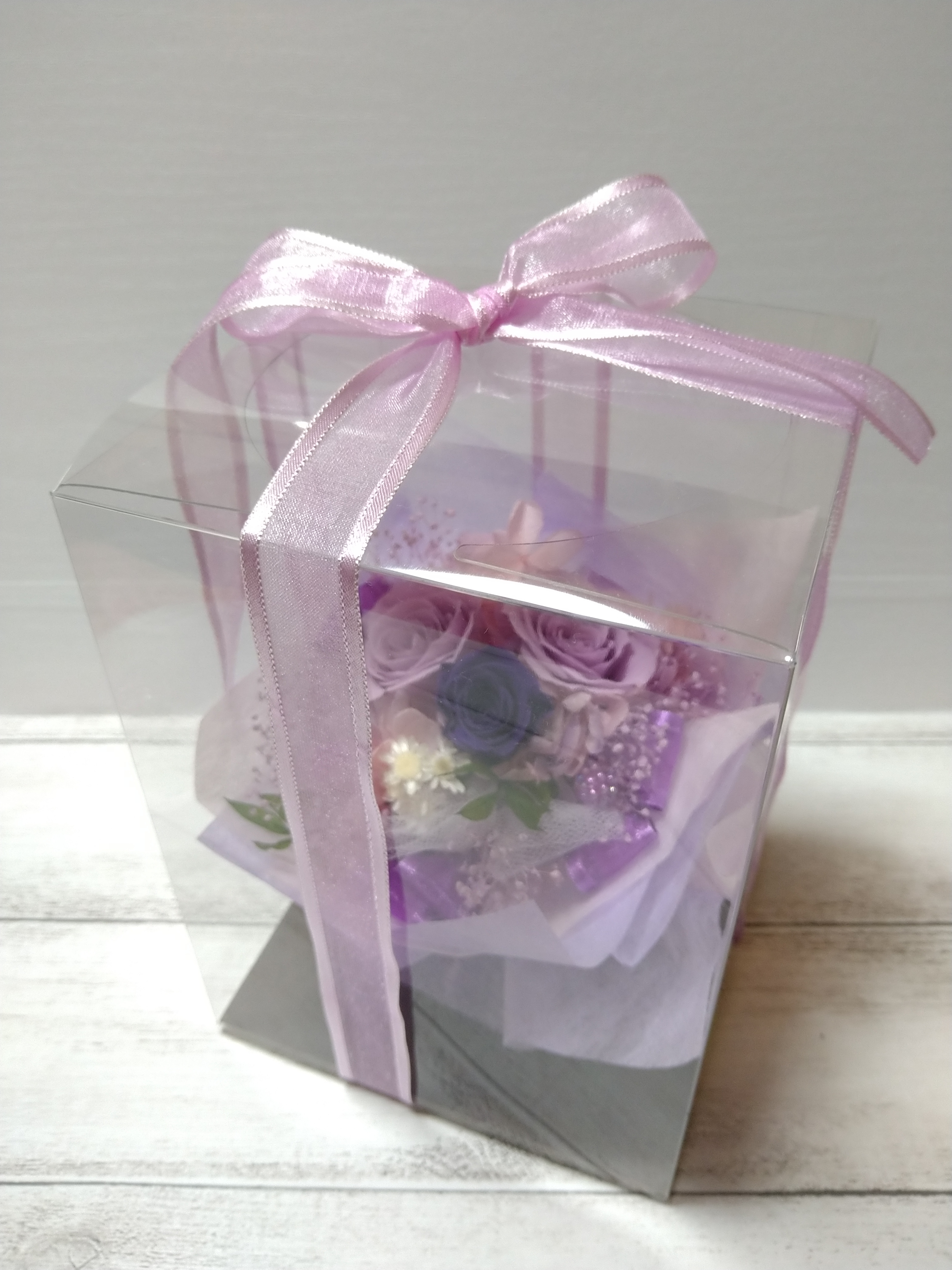 プリザーブドフラワー パープルミニブーケ クリアケース リボンラッピング付 Iichi ハンドメイド クラフト作品 手仕事品の通販