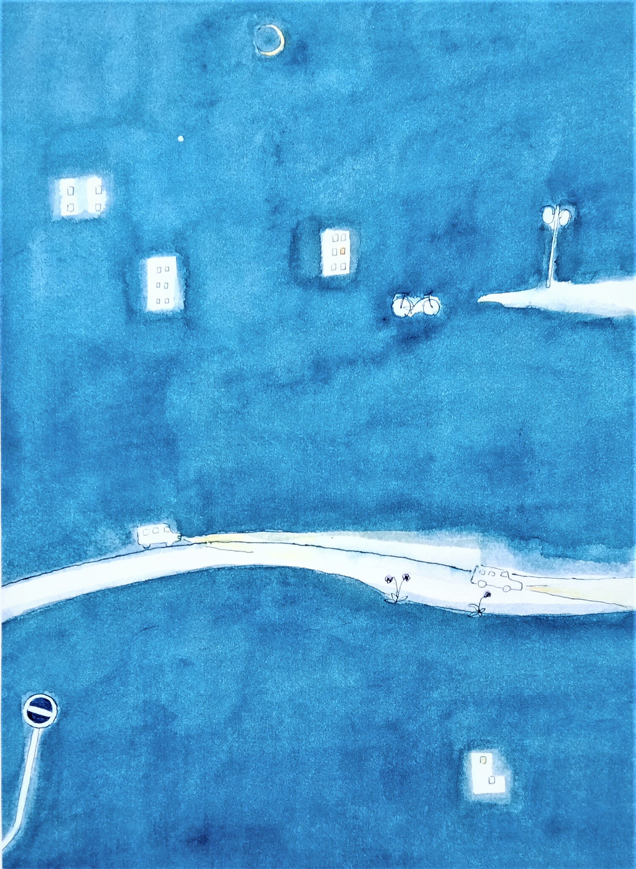 原画「月明りの夜」水彩イラスト ※木製額縁入り