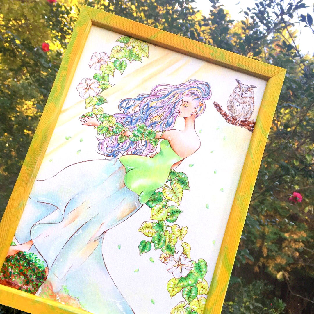 木製 フレーム イラスト フクロウと森林浴 額縁 Wall Art インテリア 夕顔 ホームアート Iichi ハンドメイド クラフト作品 手仕事品の通販