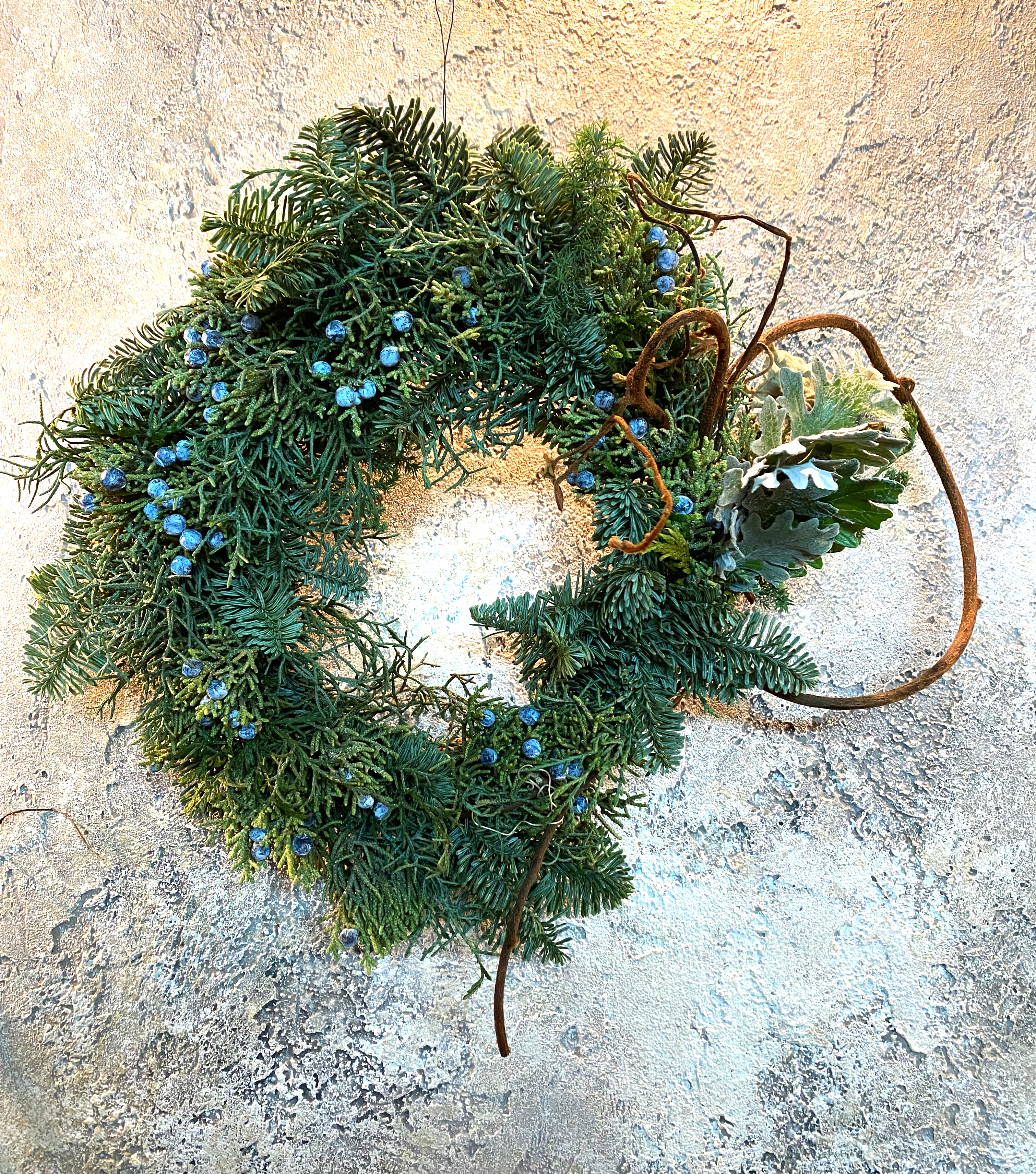 青いネズの実や針葉樹と柘植を紡いだ クリスマス お正月 リース ドライフラワー