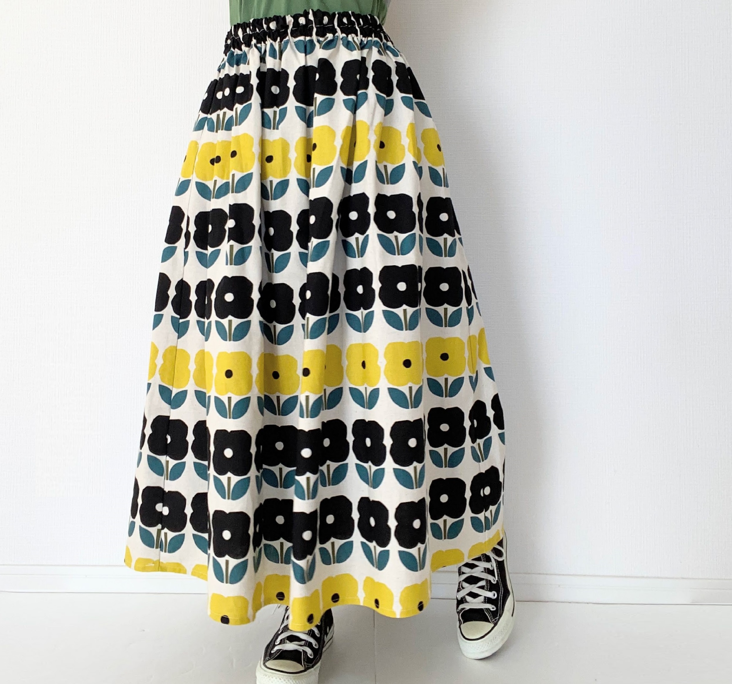 北欧レトロ スタンプフラワー花柄 ロングスカート マキシ丈 コットンリネン 生成り レモンイエロー Iichi ハンドメイド クラフト作品 手仕事品の通販
