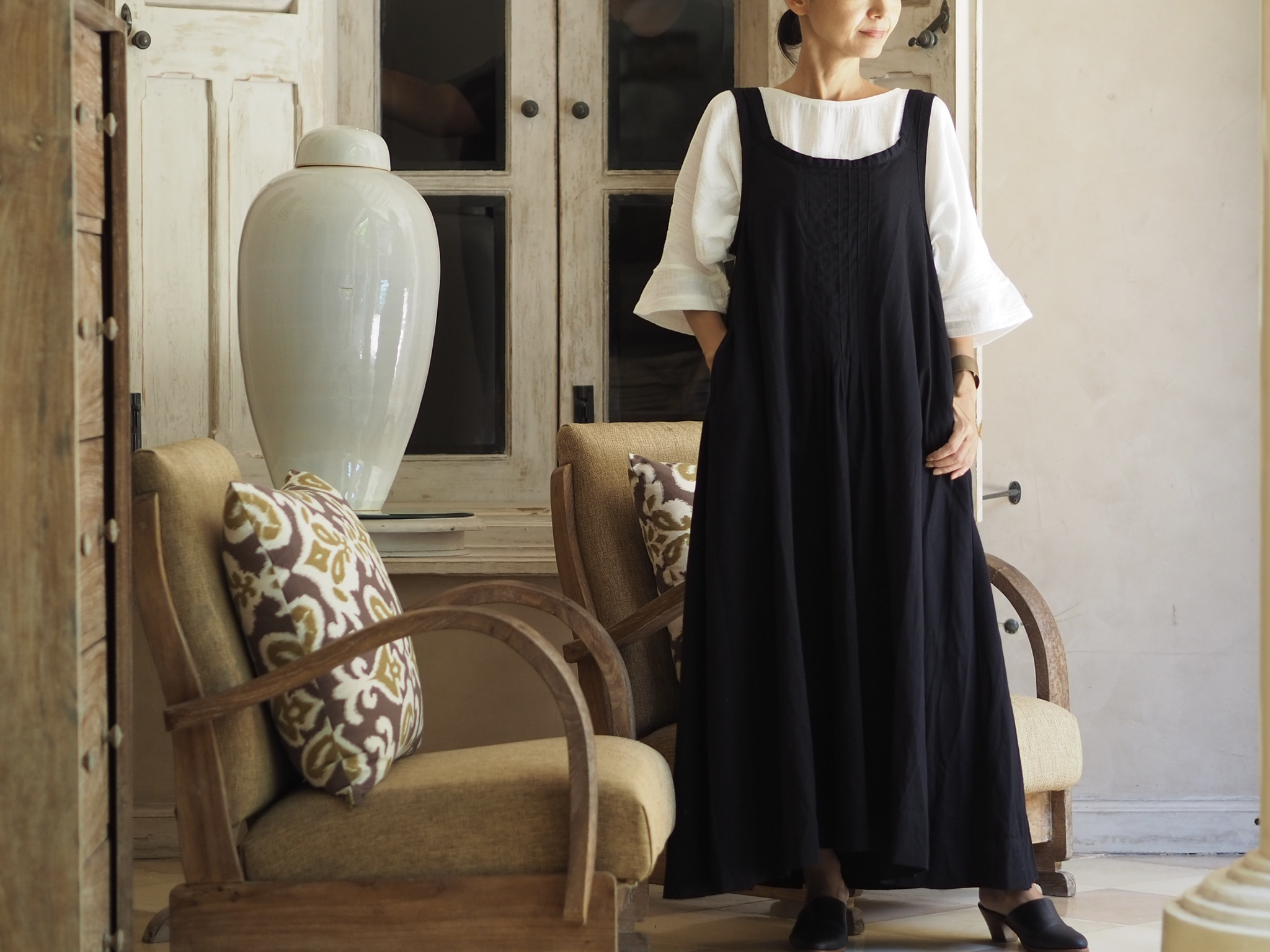 受注製作 マキシ丈 テントラインワンピース ブラック Iichi ハンドメイド クラフト作品 手仕事品の通販