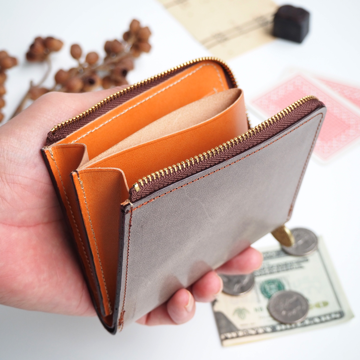 Ｌ字ファスナー財布（ワックスレザー ダークチョコ） 本革 コンパクト ...