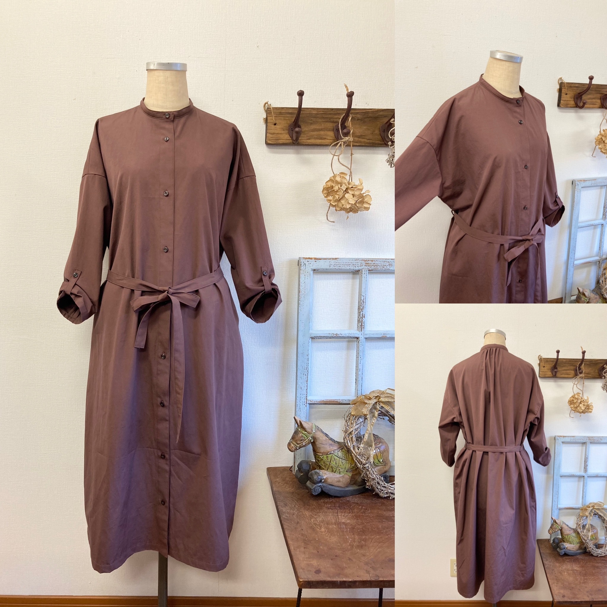 大人のシャツワンピ あずき色ノーカラーシャツワンピース エンジ サイズフリー L L L Iichi ハンドメイド クラフト作品 手仕事品の通販