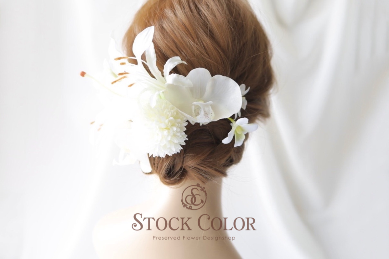 カサブランカと胡蝶蘭のヘッドドレス ヘアアクセサリー(ホワイト Half