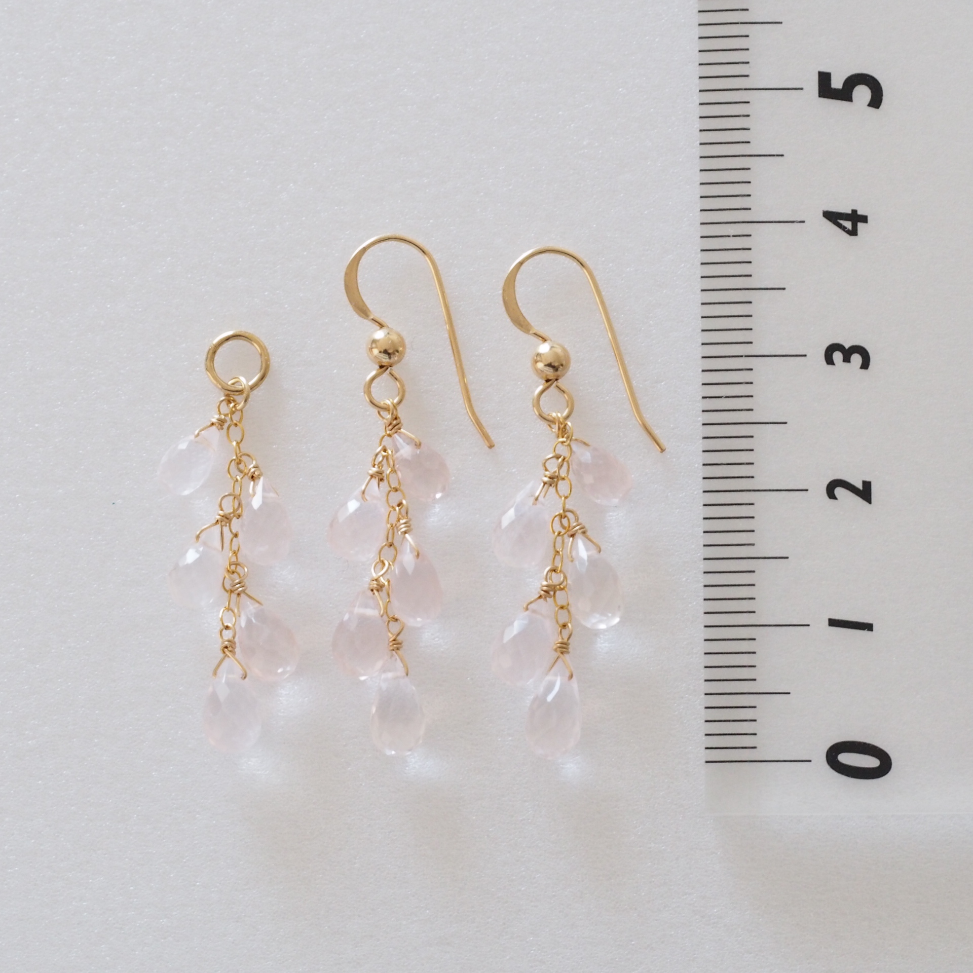 14kgf：ローズクォーツのシンプル5粒ピアス（イヤリング）№9126 桜 