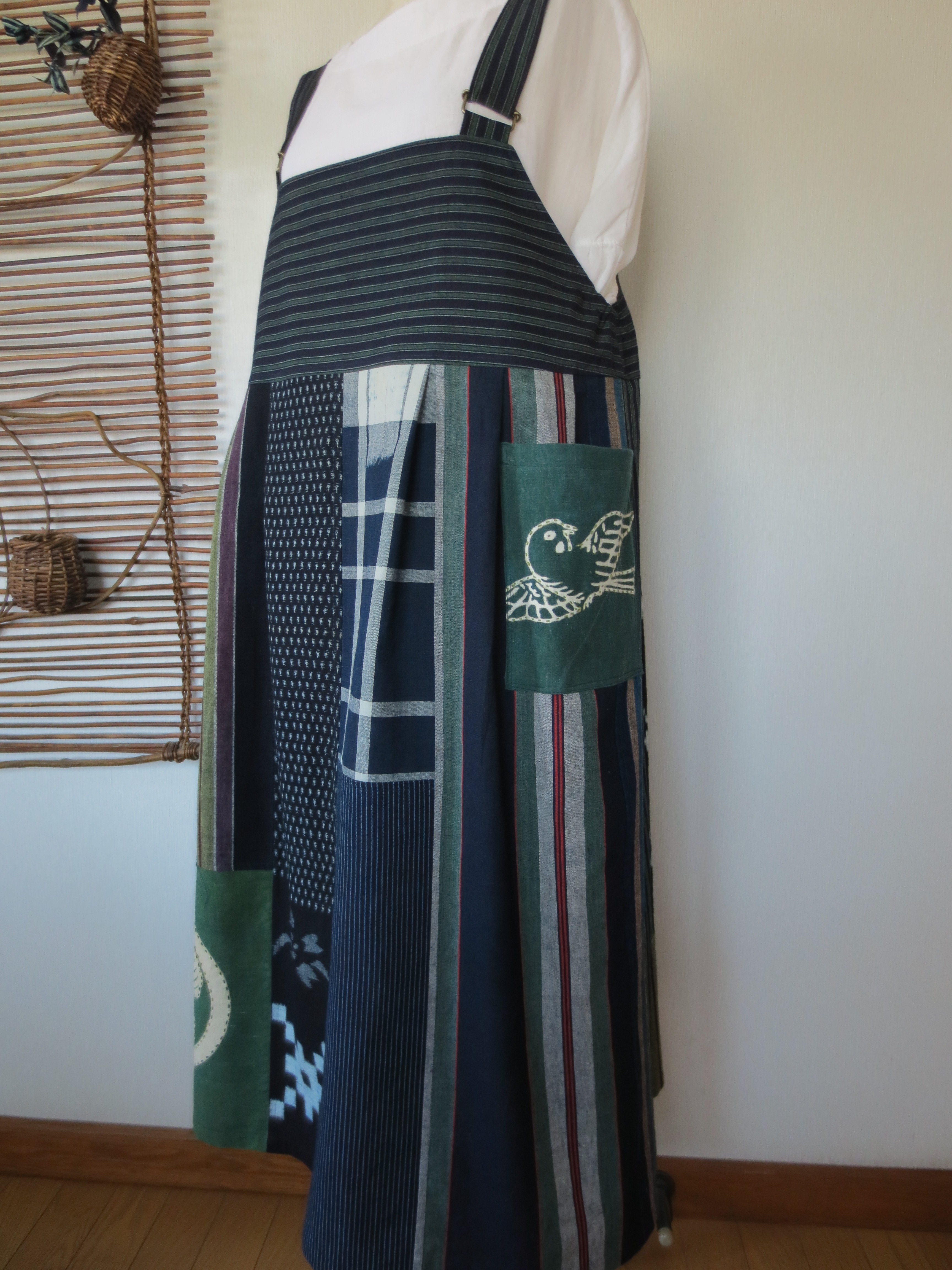古布着物リメイク ジャンパースカート 藍染 絣 縞絣