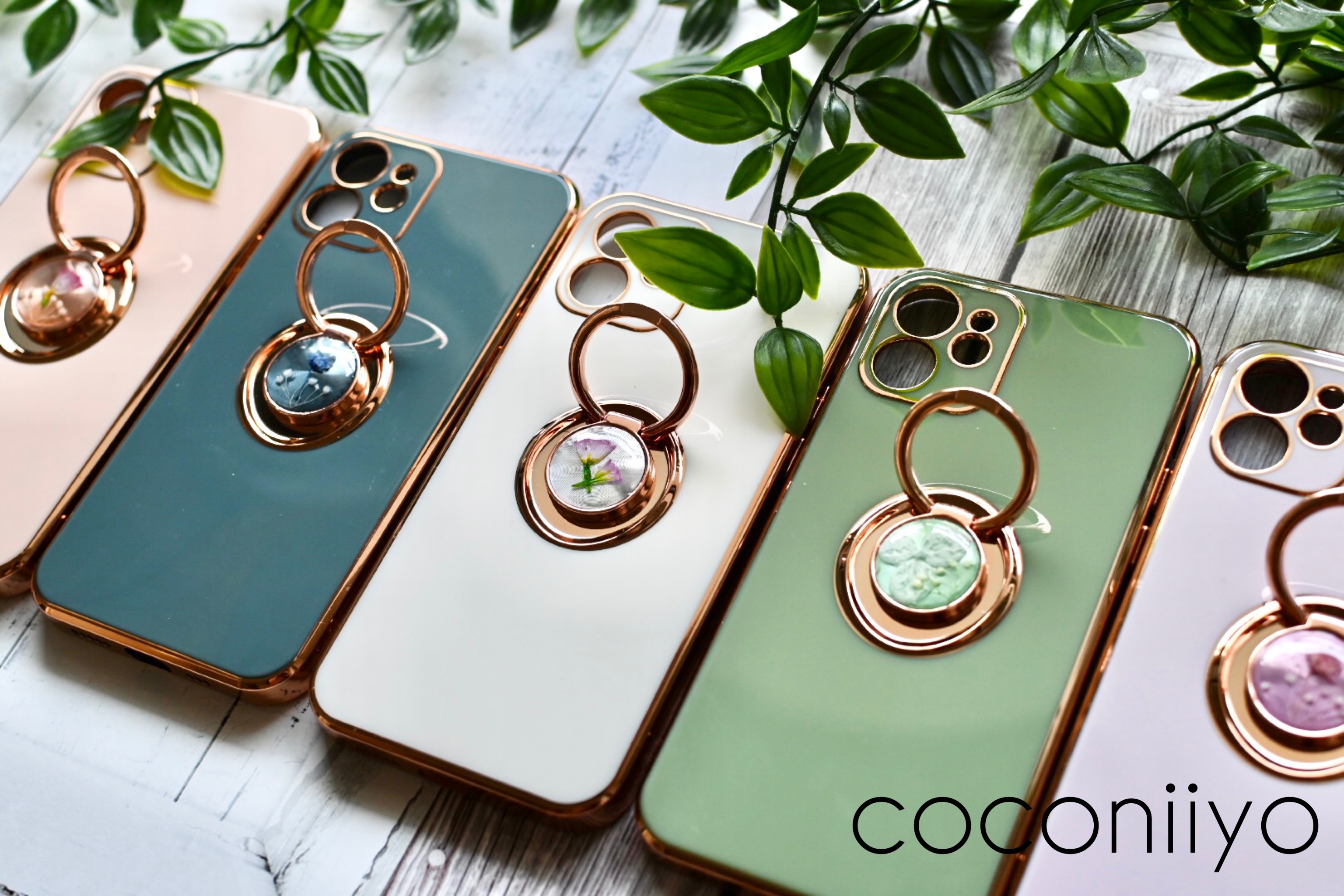 iphoneケース スマホケース　イニシャル入り ☆ リング付き 押し花 紫陽花 アジサイ　黒　ブラック