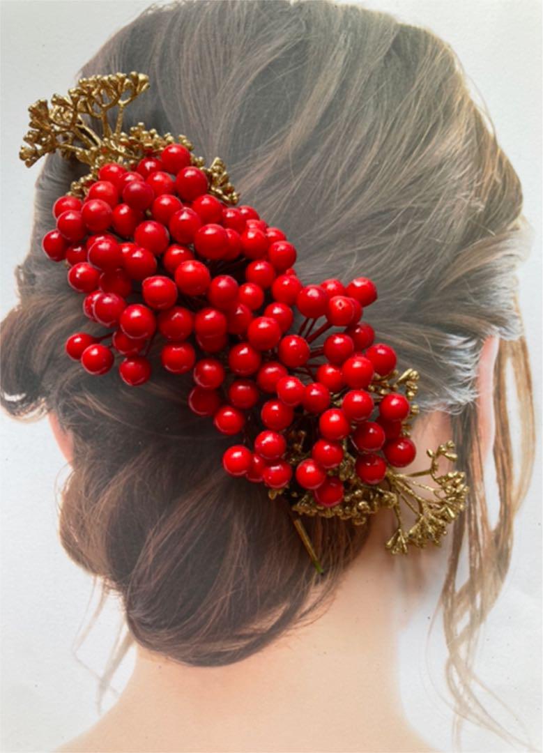 L Msize たわわな赤い実 南天ゴールドピック髪飾り 花嫁ヘア 和装ヘア Iichi ハンドメイド クラフト作品 手仕事品の通販