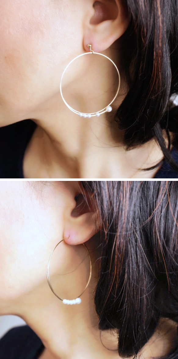 2way／14kgf◇連なる小粒パールのゴールドフープ ピアスorイヤリング ...