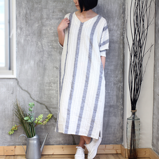 ふんわりギャザースリーブのリネンワンピース ストライプ Iichi ハンドメイド クラフト作品 手仕事品の通販