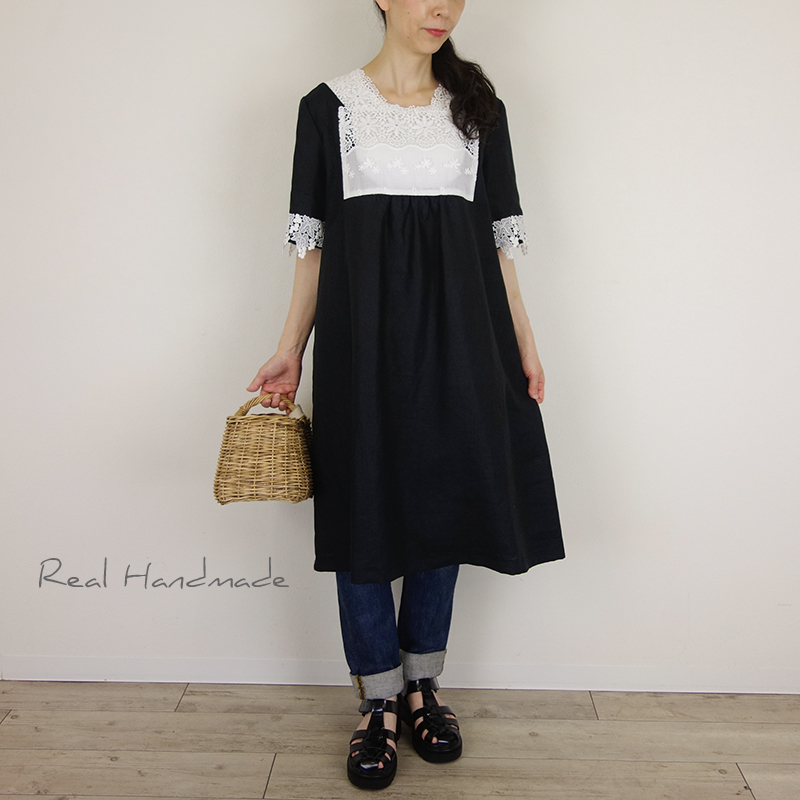 予約販売 ブラックリネンアンティーク風ケミカルレースワンピース Iichi ハンドメイド クラフト作品 手仕事品の通販