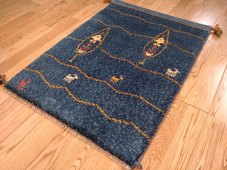 から厳選した ペルシャ ギャッベ 玄関マット 85×60 青 藍色 糸杉 