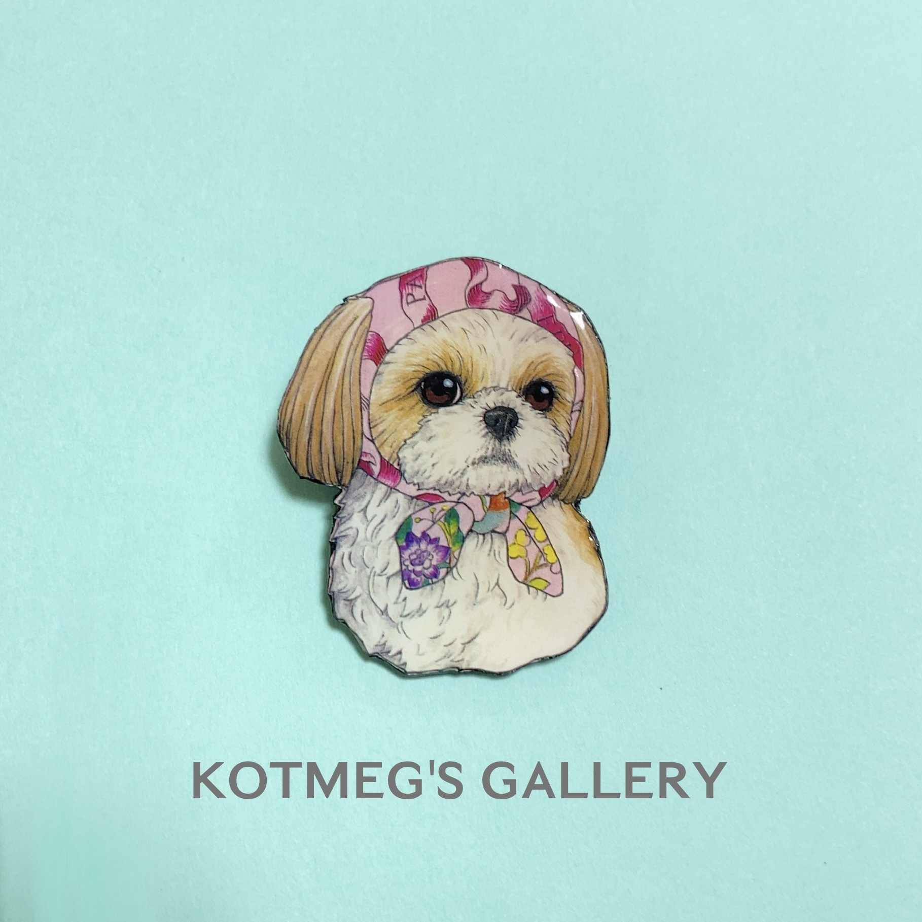シーズー ほっかむり ブローチ オリジナル イラスト 犬 いぬ わんちゃん 花 茶 ピンク Iichi ハンドメイド クラフト作品 手仕事品の通販