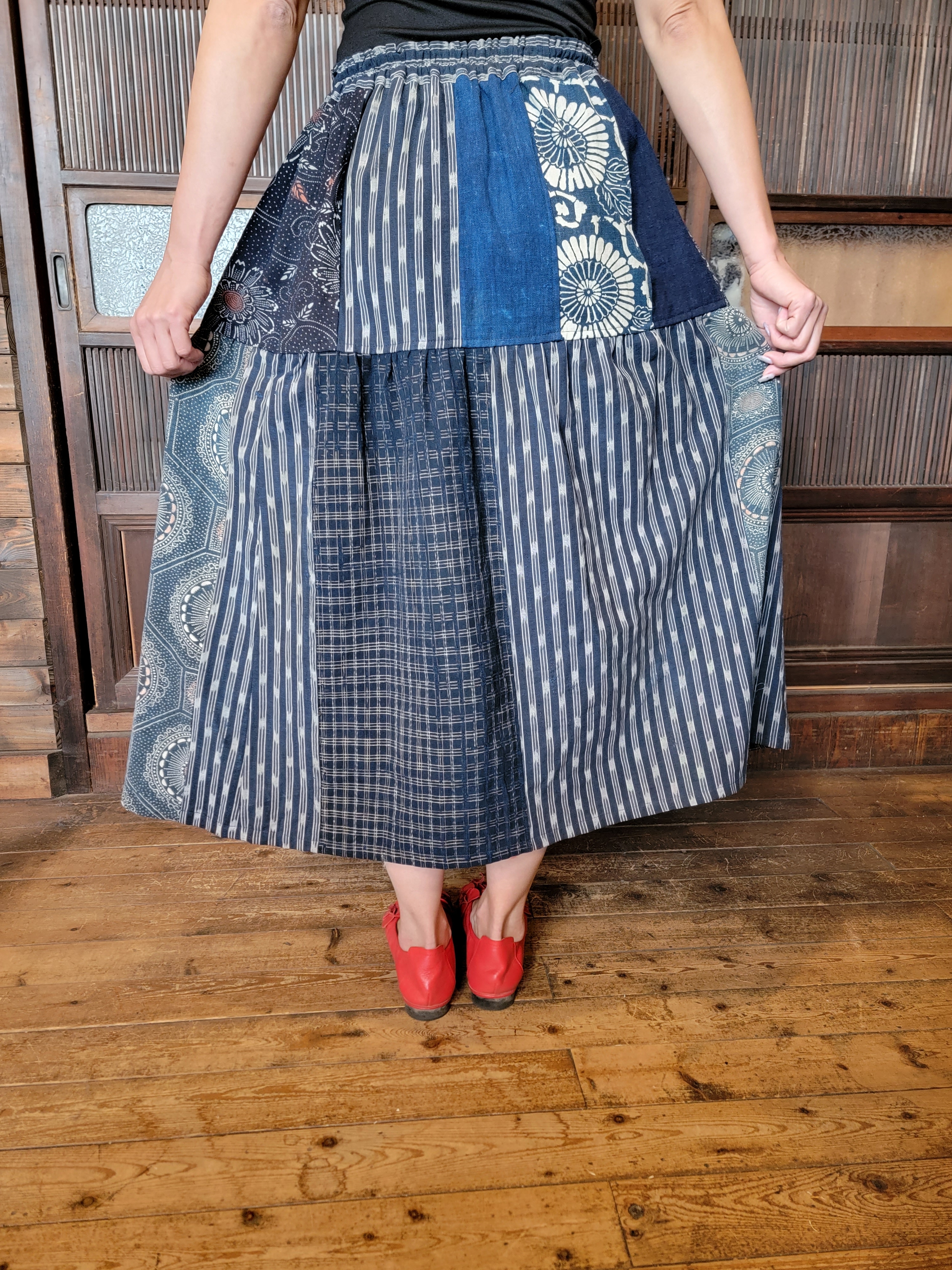 古布 手作り 絣 チェック 型染め スカート