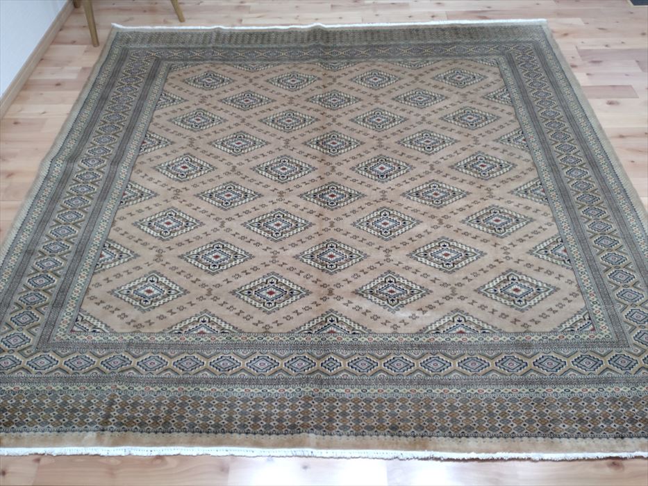 軽くて畳める手織りラグ パキスタン絨毯 正方形 197x200cm ﾎｯﾄｶｰﾍﾟｯﾄ 
