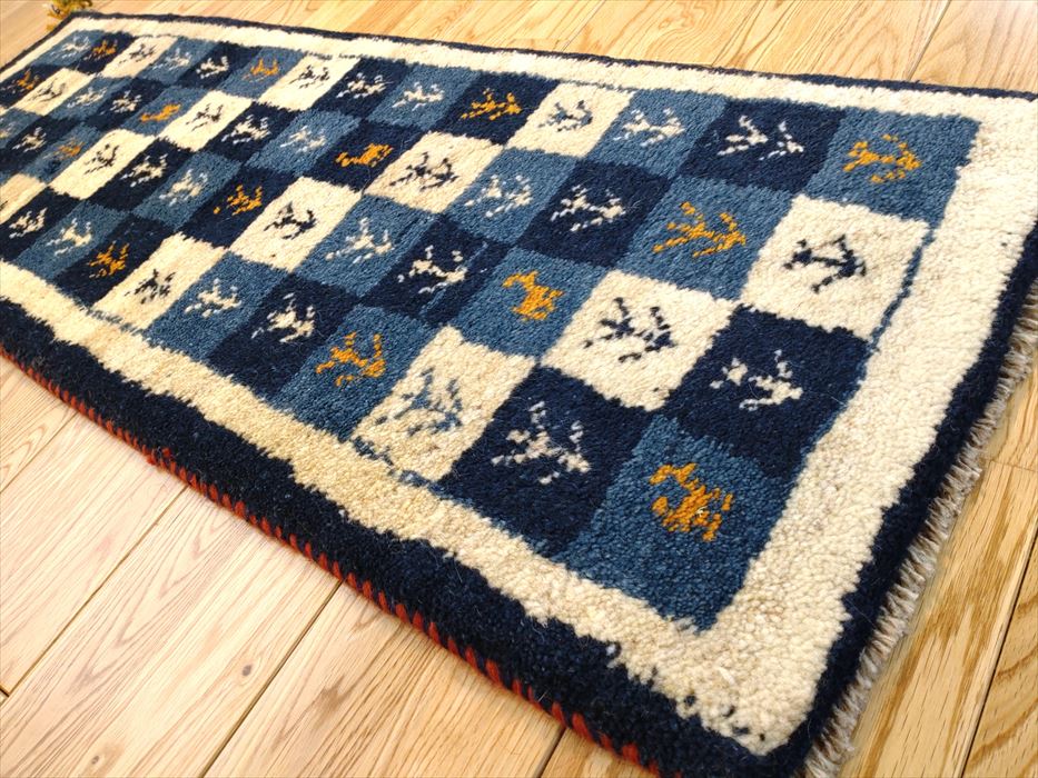 ペルシャ ギャッベ ミニランナー 113x40cm 青 藍色 チェス ギャベ 