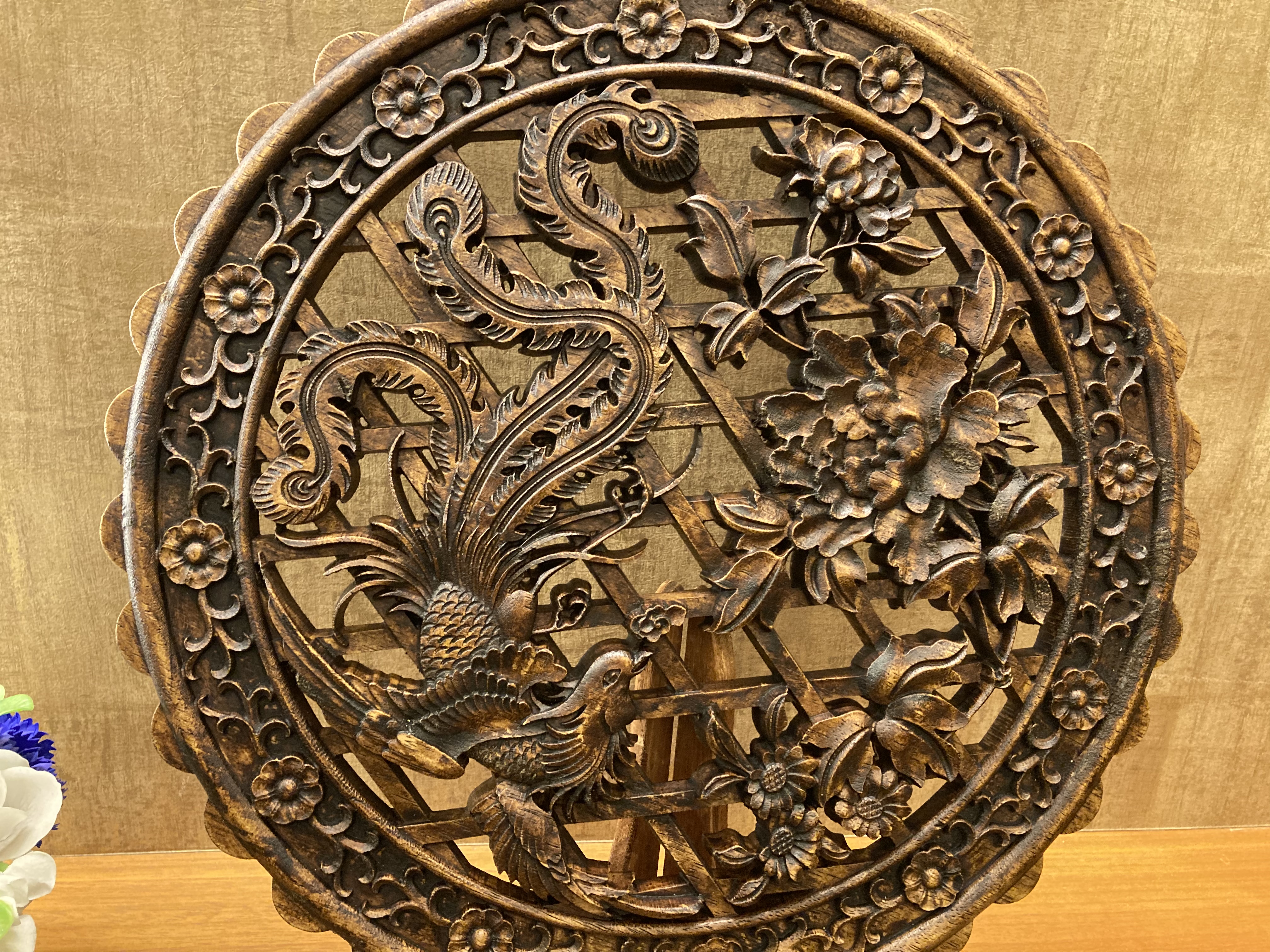木彫り牡丹鳳凰（４０cm） - 工芸品