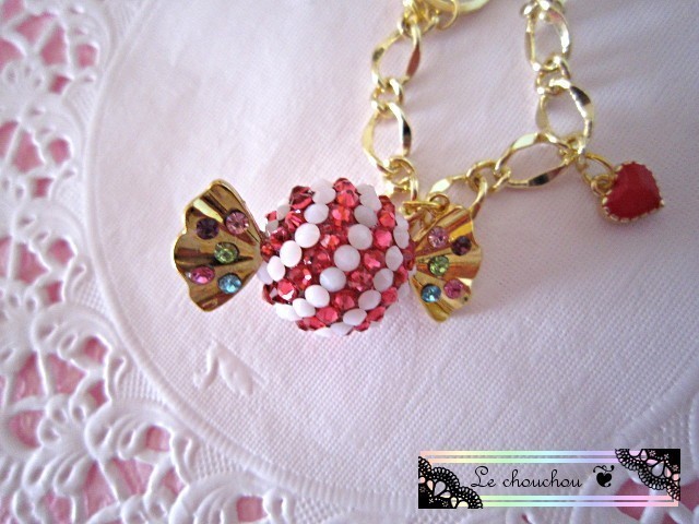 スワロフスキーデコ ピンクストライプキャンディーバッグチャーム Iichi ハンドメイド クラフト作品 手仕事品の通販