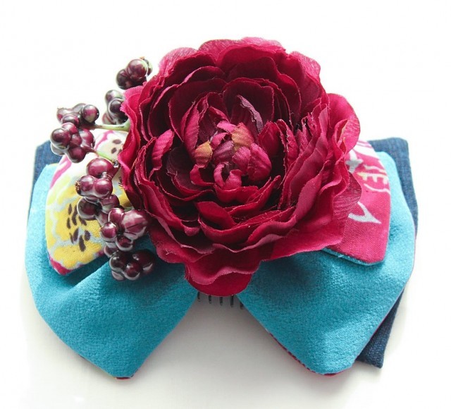 レトロアンティーク髪飾り24 水色リボンに赤紫の牡丹 Iichi ハンドメイド クラフト作品 手仕事品の通販