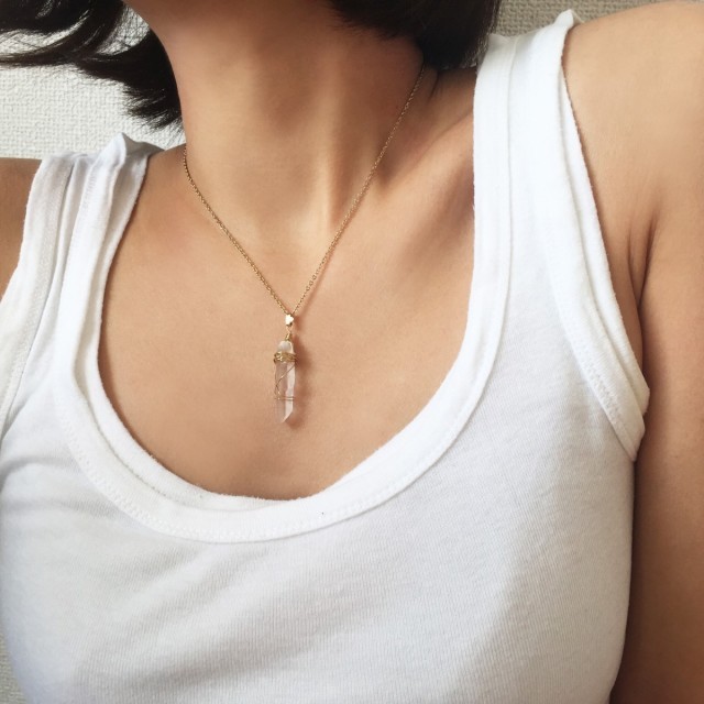 14kgf 原石クリスタルワイヤーラッピングネックレス Iichi ハンドメイド クラフト作品 手仕事品の通販