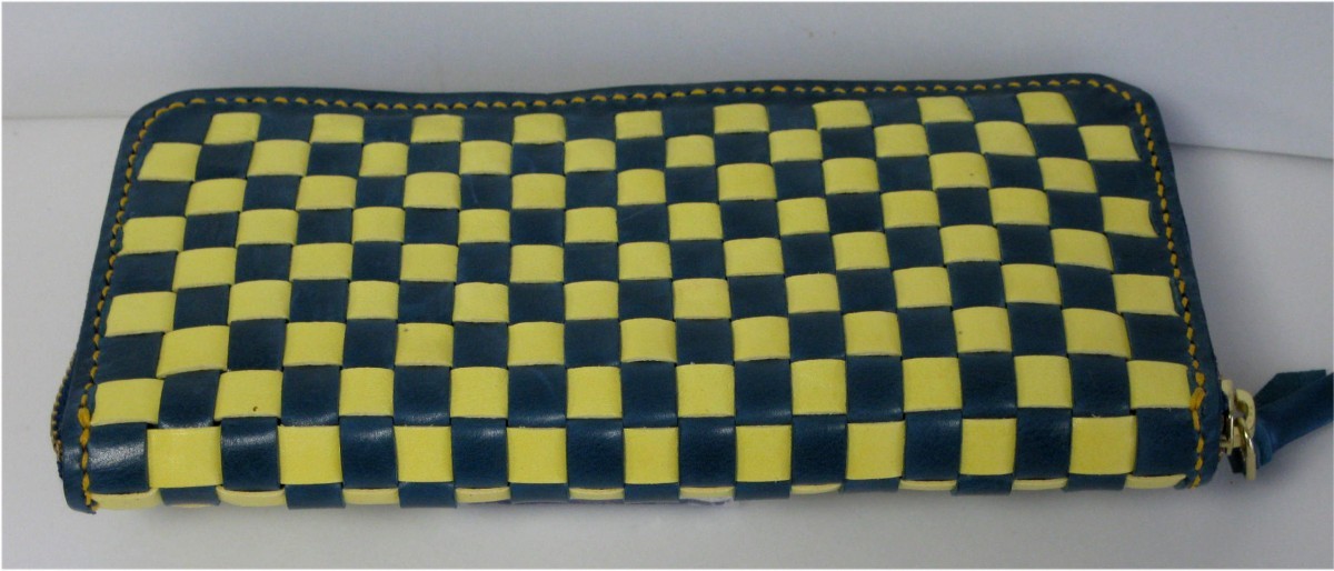 青と黄色の革をメッシュにした長財布 Iichi ハンドメイド クラフト作品 手仕事品の通販
