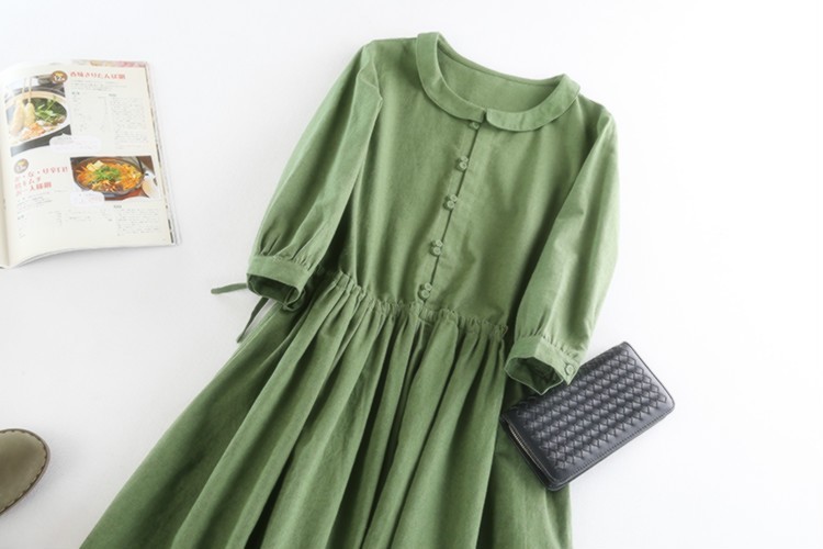 F0 再販 リネンの丸襟ワンピース グリーン Iichi ハンドメイド クラフト作品 手仕事品の通販