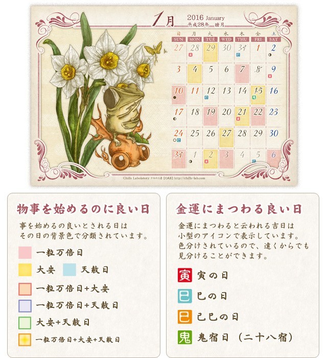16年の縁起の良い日カレンダー ポストカード はがきサイズ Iichi ハンドメイド クラフト作品 手仕事品の通販