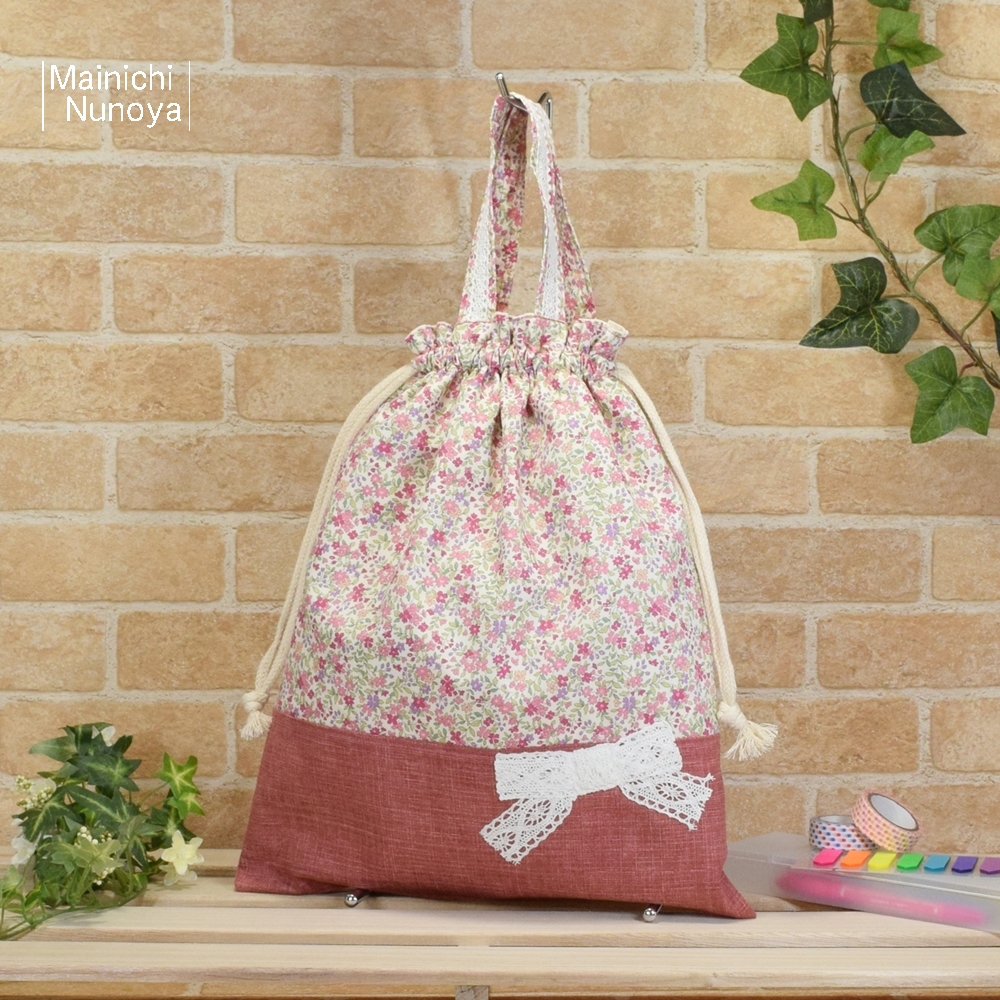 花柄 リボンの着替え袋 体操着袋 ピンク色 Iichi ハンドメイド クラフト作品 手仕事品の通販