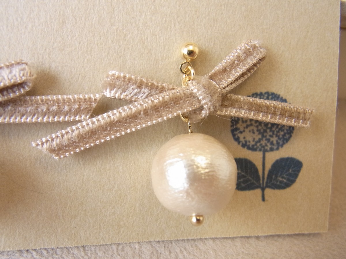コットンパール リボンピアス Iichi ハンドメイド クラフト作品 手仕事品の通販