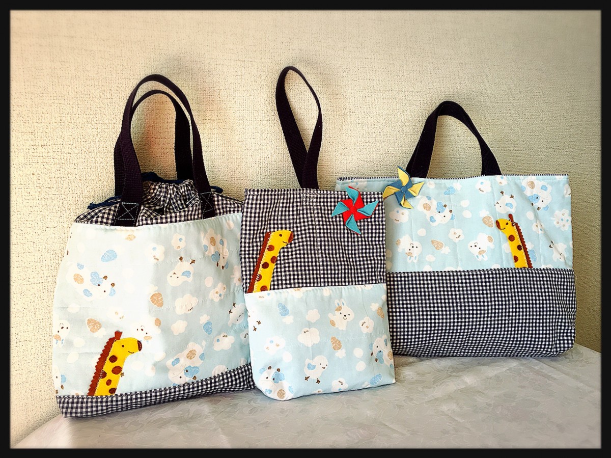 キリンアップリケのレッスンバッグなど3点セット Iichi ハンドメイド クラフト作品 手仕事品の通販