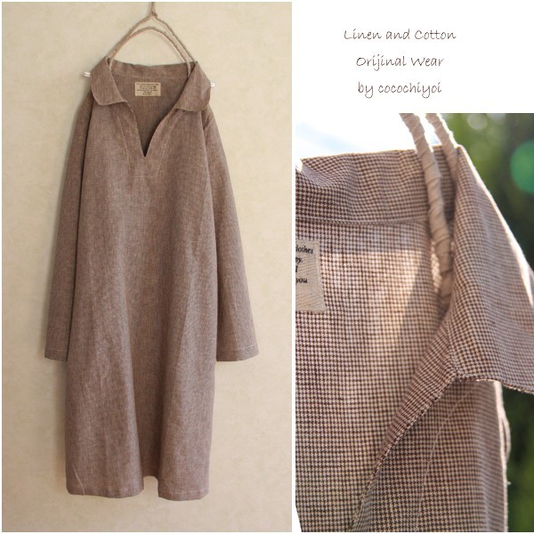 M 6lコットンリネンスキッパーワンピース長袖茶千鳥格子 春夏物 Iichi ハンドメイド クラフト作品 手仕事品の通販