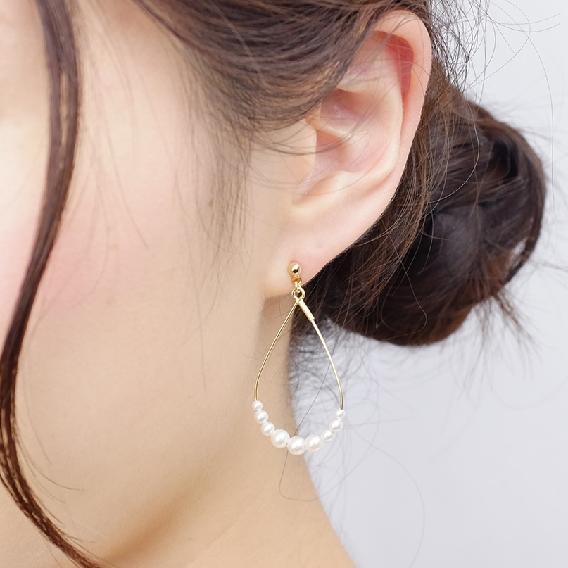 14kgfピアス◇小粒パールドロップフープピアス