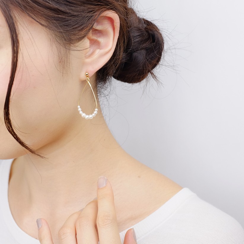 14kgfピアス◇小粒パールドロップフープピアス