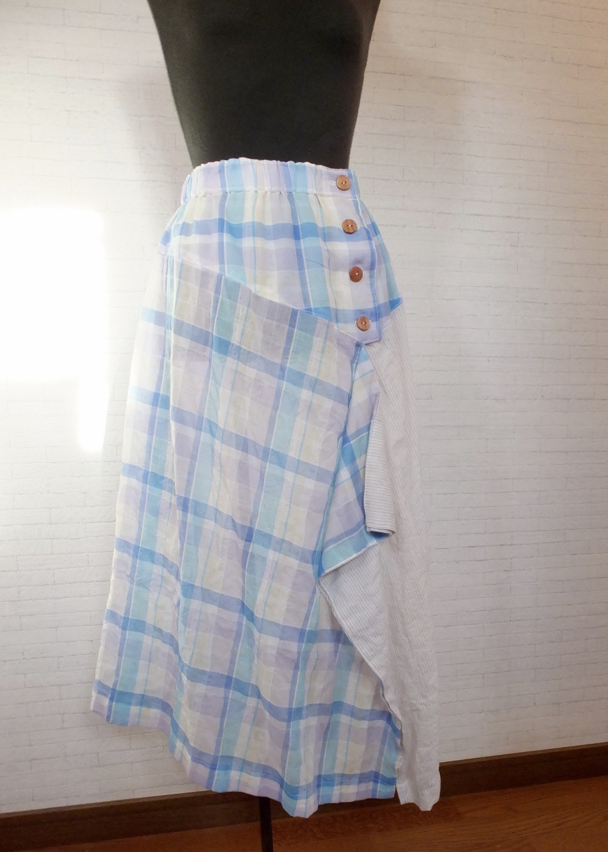 爽やかチェック ストライプイレギュラースカート Iichi ハンドメイド クラフト作品 手仕事品の通販