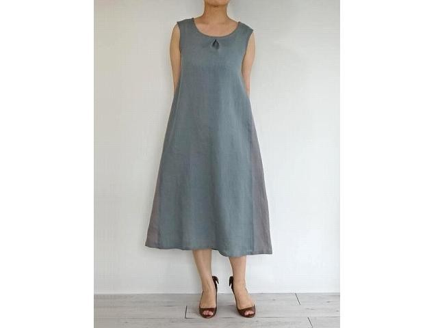 リネン100 バイカラーワンピース オリーブグレー アッシュグレー Iichi ハンドメイド クラフト作品 手仕事品の通販