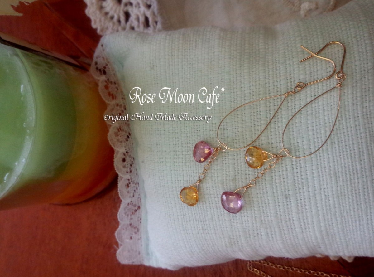 ピンクトパーズシトリンのマロンカット可憐なピアス Iichi ハンドメイド クラフト作品 手仕事品の通販