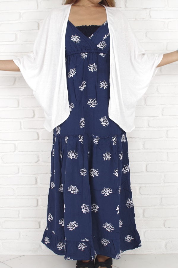 珊瑚が可愛い コーラルプリントキャミソールロングドレス ネイビー Iichi ハンドメイド クラフト作品 手仕事品の通販