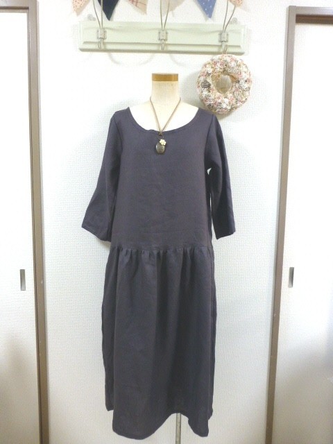 チャコールグレーリネン100 ローウエストギャザーワンピース Sｍ Iichi ハンドメイド クラフト作品 手仕事品の通販