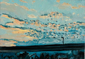 原画・油彩「優しい夕空」絵画・サムホール（16×23㎝）アート