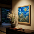 原画】黄金満月と風光る芒（ススキ）油絵 / 額縁・ラッピング付 [風水