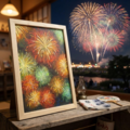 百花繚乱の夜に】 油絵 原画 『花火』 額縁付き / 夏のインテリア