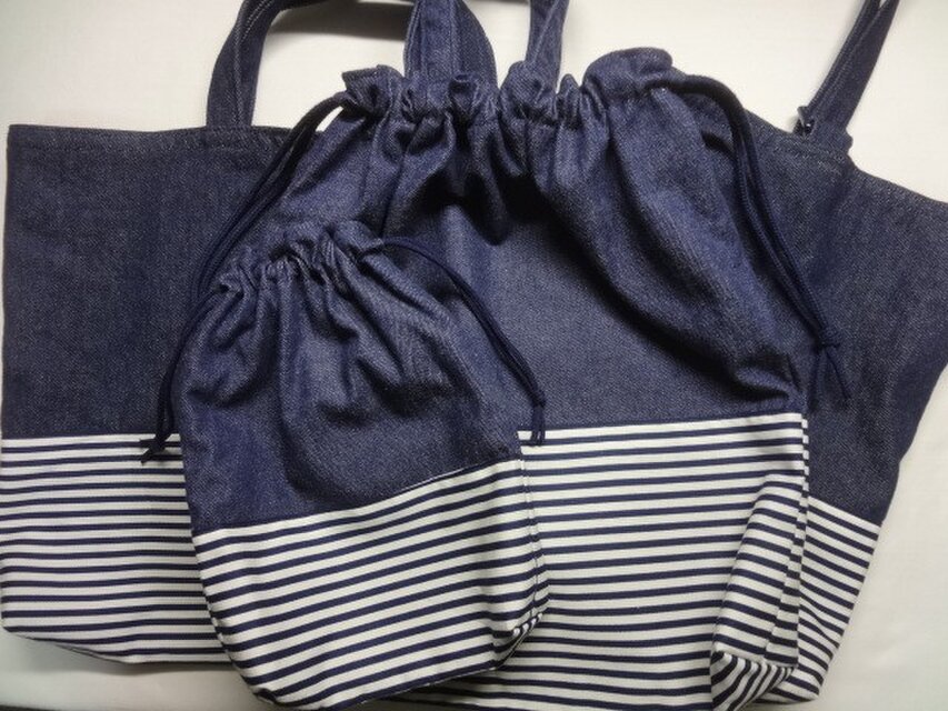レッスンバッグ・シューズ入れ・体操服入れ・巾着袋【紺デニム×紺白ボーダー】薄地