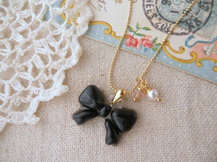 (受注制作)ガラスのブラックリボン＊ネックレス
