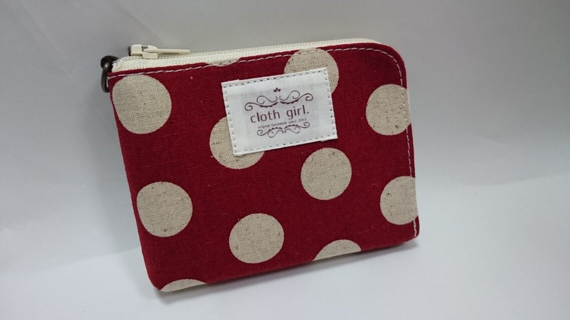 L字ファスナーミニお財布◆赤い水玉×リス・ブラウン