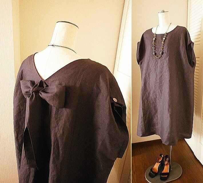 Y様ご予約品 リネン ドキドキ 後ろリボン♪ ドレープ op チャコール